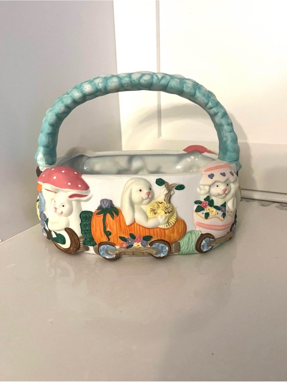 Pastel Bunny Easter Basket Ceramic Planter - White and Aqua